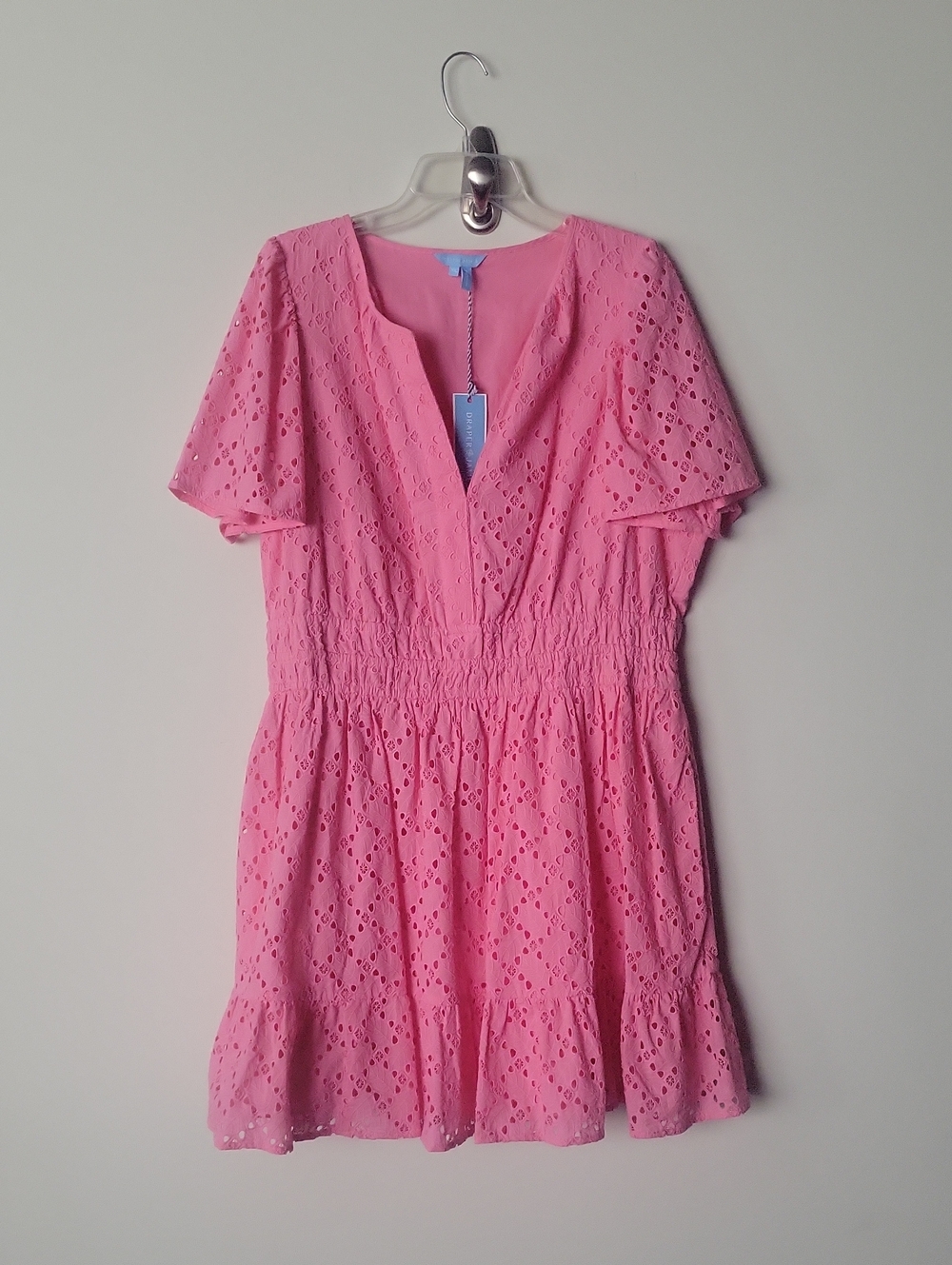NWT Draper James XL Wilson Dress Pink Eyelet Smocked Embroidered V-Neck Preppy